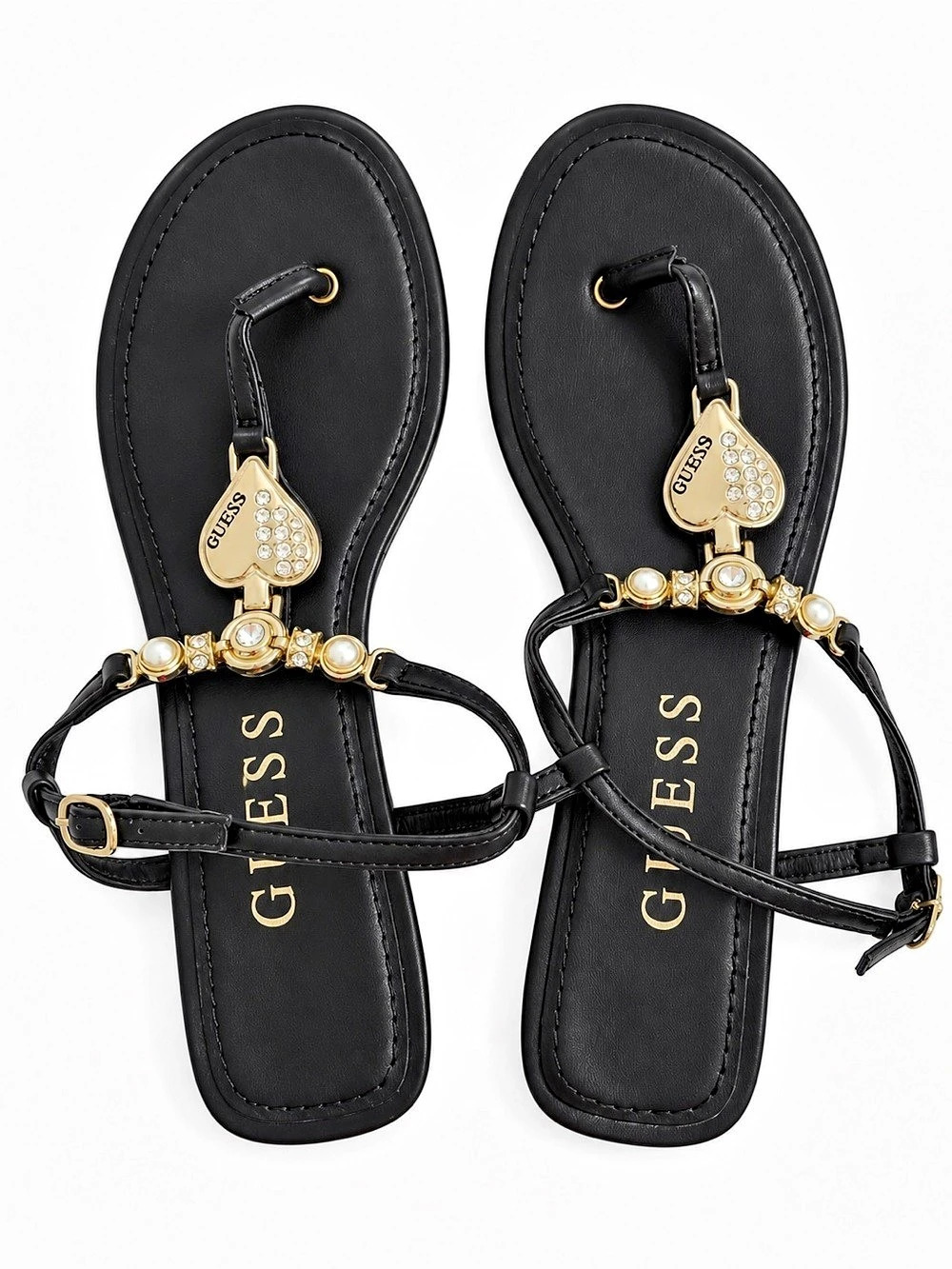 GUESS Black Gold Heart Rhinestone Pearl T-Strap Sandals Size 9.5